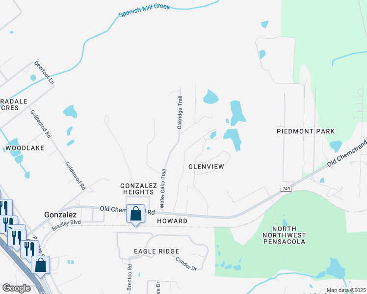 map of restaurants, bars, coffee shops, grocery stores, and more near 1151 Lake Drive in Cantonment