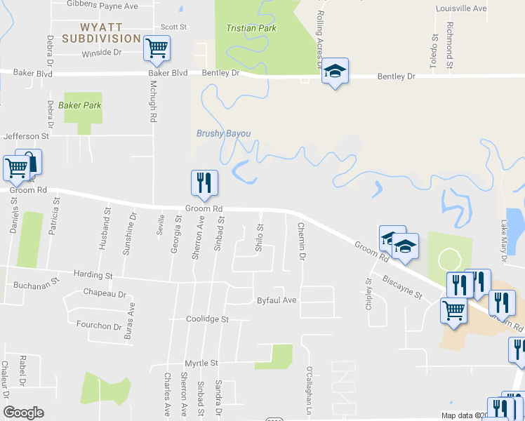 map of restaurants, bars, coffee shops, grocery stores, and more near 5240 Groom Rd in Baker