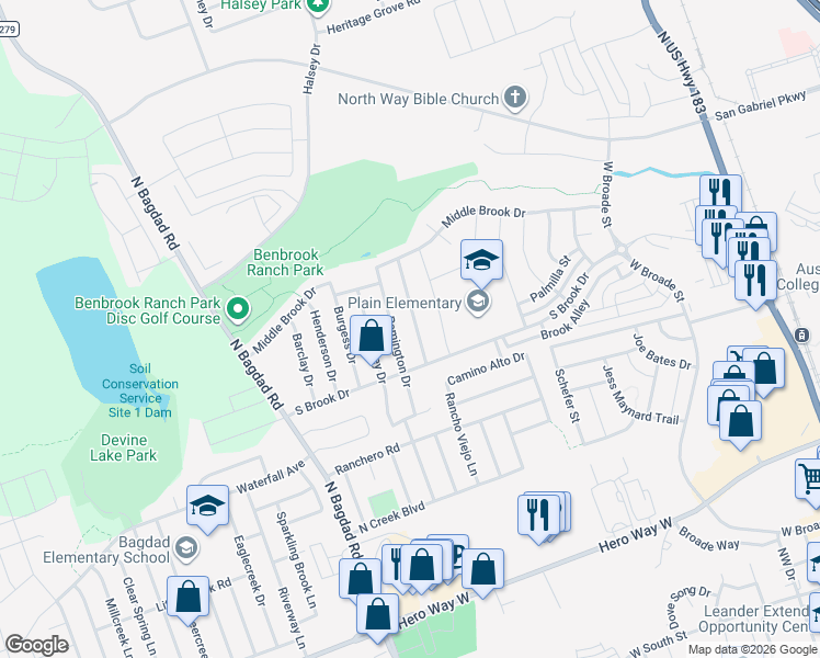 map of restaurants, bars, coffee shops, grocery stores, and more near 1008 Clayton Drive in Leander
