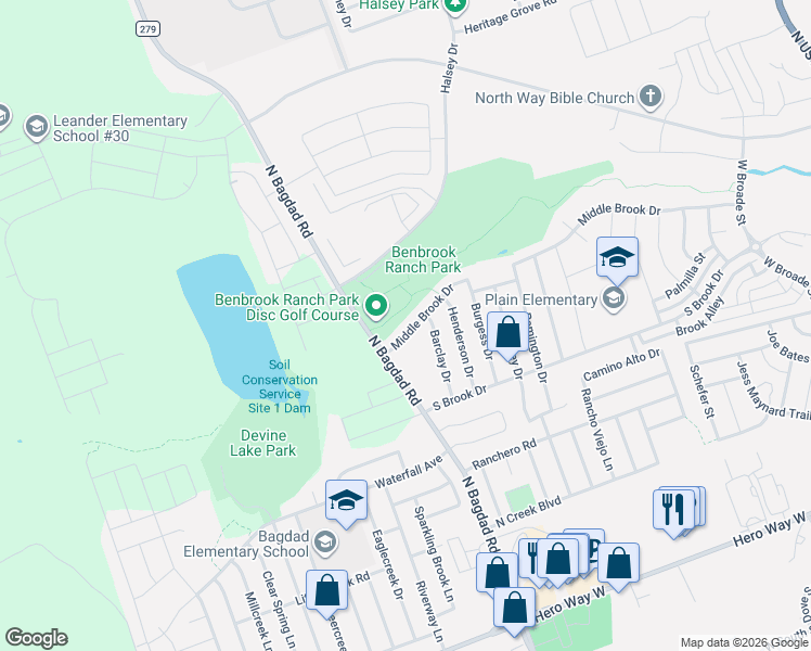 map of restaurants, bars, coffee shops, grocery stores, and more near 1106 Middle Brook Drive in Leander