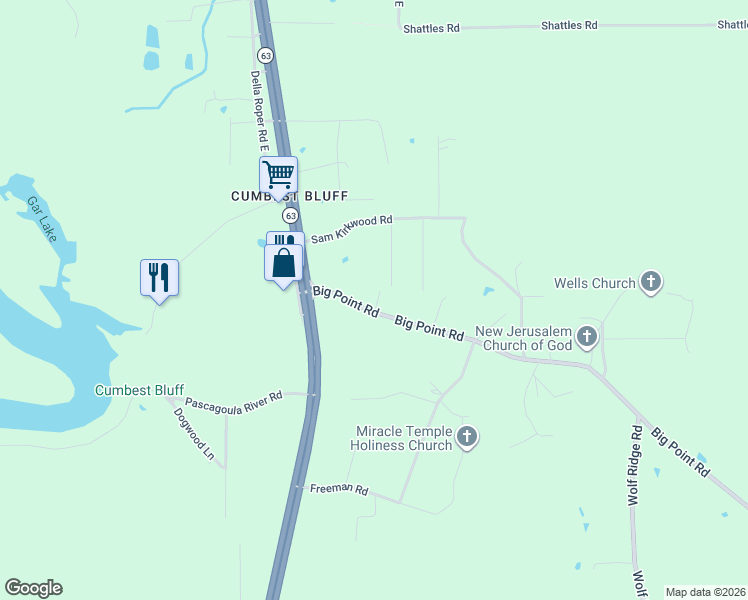 map of restaurants, bars, coffee shops, grocery stores, and more near Little Point Rd in Moss Point