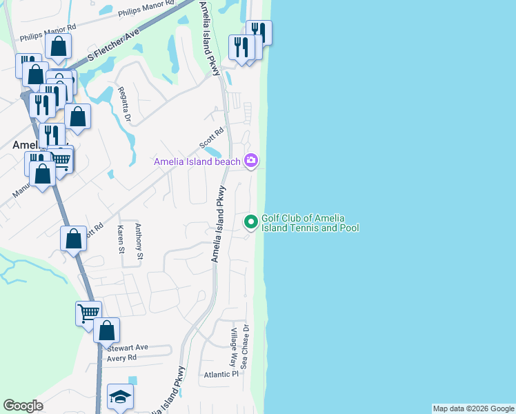 map of restaurants, bars, coffee shops, grocery stores, and more near 4972 Sea Watch Drive in Fernandina Beach