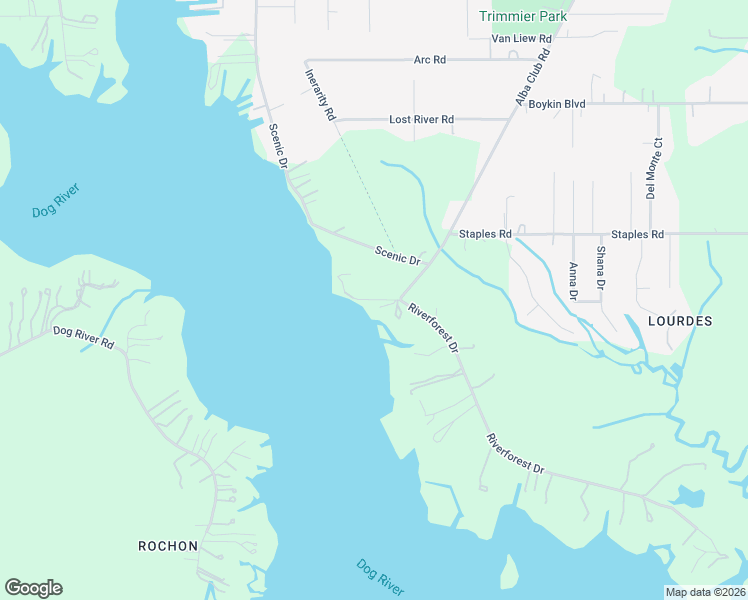 map of restaurants, bars, coffee shops, grocery stores, and more near 3203 Riverforest Drive in Mobile
