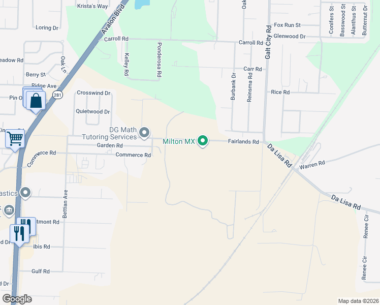 map of restaurants, bars, coffee shops, grocery stores, and more near Fairlands Road in Milton
