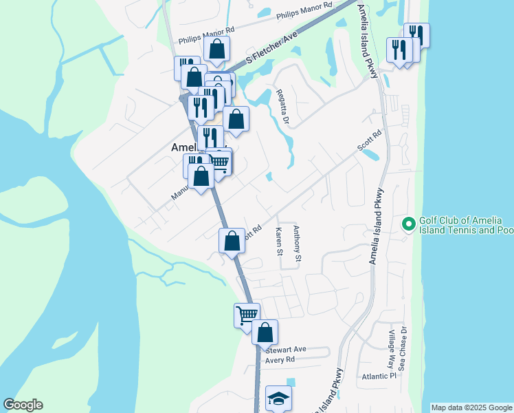 map of restaurants, bars, coffee shops, grocery stores, and more near 4947 Windward Place in Fernandina Beach