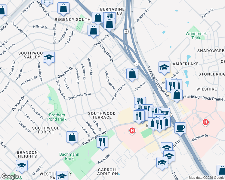 map of restaurants, bars, coffee shops, grocery stores, and more near 3103 Bluestem Drive in College Station