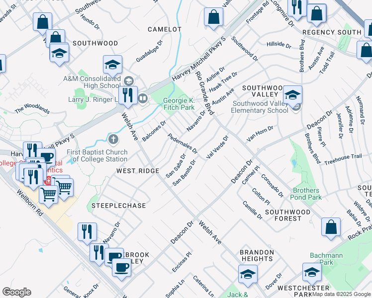 map of restaurants, bars, coffee shops, grocery stores, and more near 824 San Saba Drive in College Station