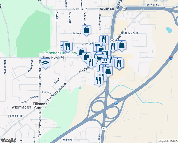 map of restaurants, bars, coffee shops, grocery stores, and more near 5686 Tillmans Corner Parkway in Mobile