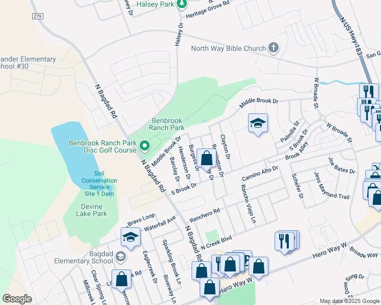 map of restaurants, bars, coffee shops, grocery stores, and more near 1104 Burgess Drive in Leander