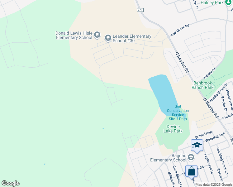 map of restaurants, bars, coffee shops, grocery stores, and more near 1810 Waterfall Avenue in Leander