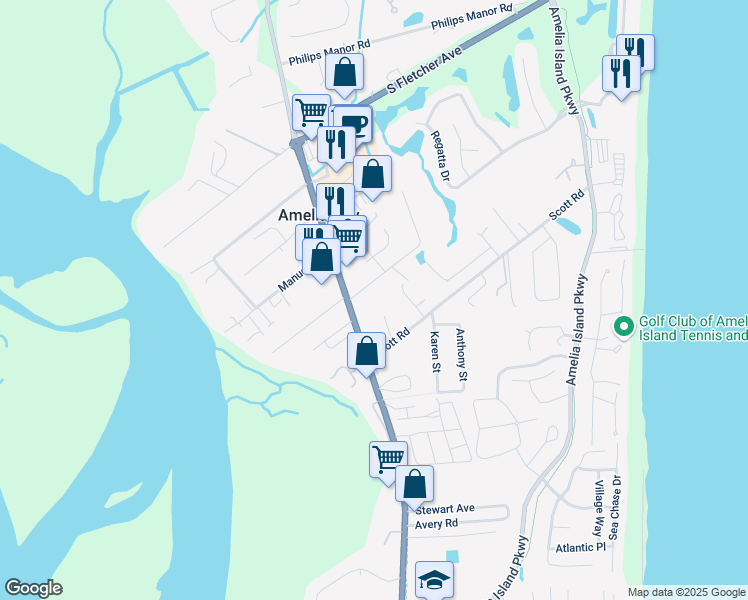 map of restaurants, bars, coffee shops, grocery stores, and more near 4946 Island Lane in Fernandina Beach