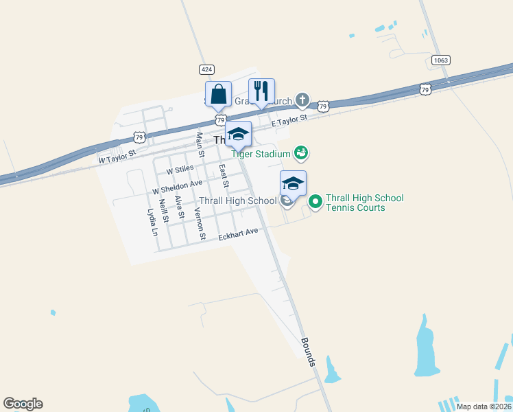 map of restaurants, bars, coffee shops, grocery stores, and more near 2925 East Beaumont Avenue in Thrall