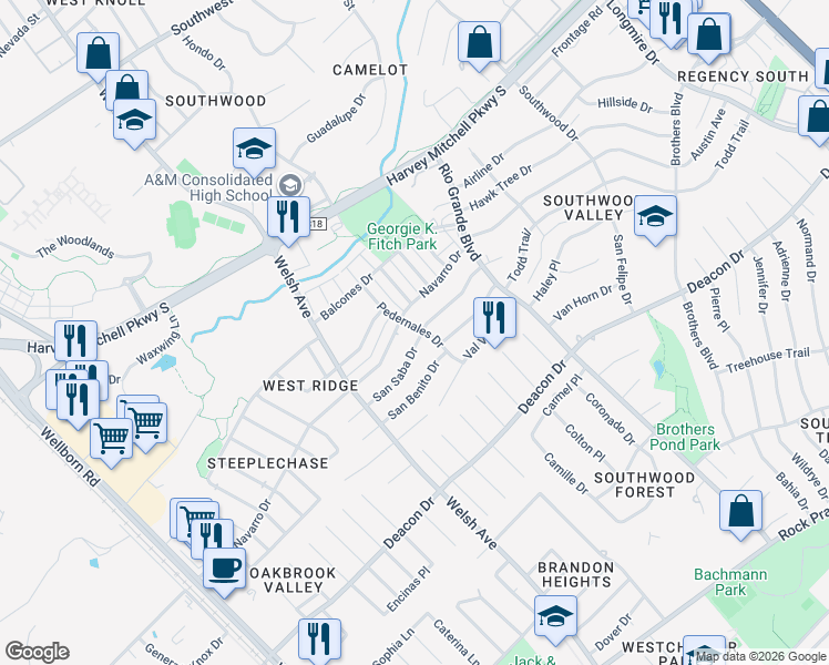 map of restaurants, bars, coffee shops, grocery stores, and more near 824 San Saba Drive in College Station