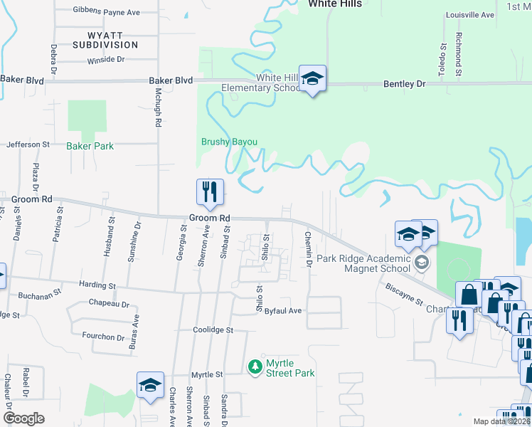 map of restaurants, bars, coffee shops, grocery stores, and more near 5240 Groom Road in Baker