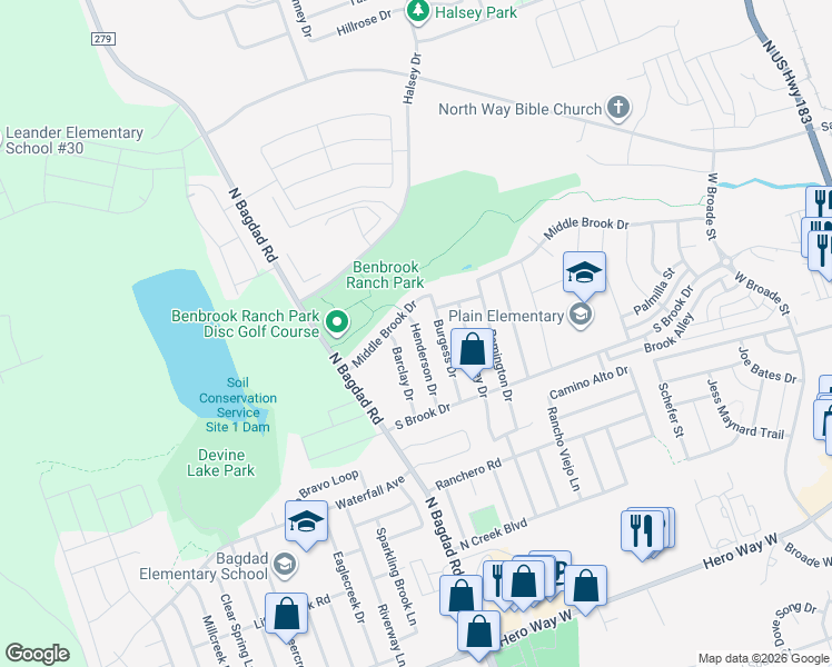 map of restaurants, bars, coffee shops, grocery stores, and more near 1109 Henderson Drive in Leander