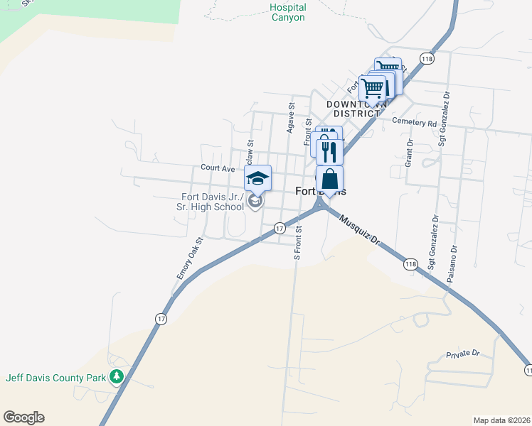 map of restaurants, bars, coffee shops, grocery stores, and more near 311 Agave Street in Fort Davis