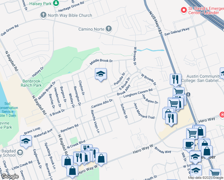 map of restaurants, bars, coffee shops, grocery stores, and more near 909 Swan Flower Street in Leander