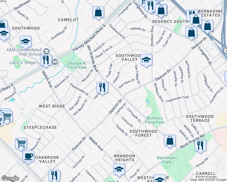 map of restaurants, bars, coffee shops, grocery stores, and more near 2807 Cimarron Court in College Station
