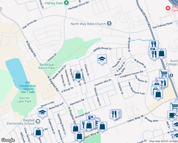 map of restaurants, bars, coffee shops, grocery stores, and more near 1008 Clayton Drive in Leander