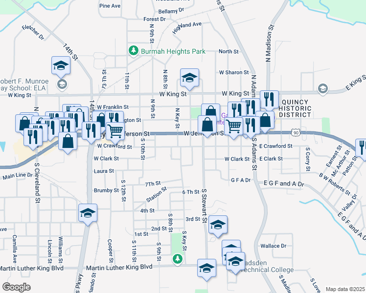 map of restaurants, bars, coffee shops, grocery stores, and more near in Quincy