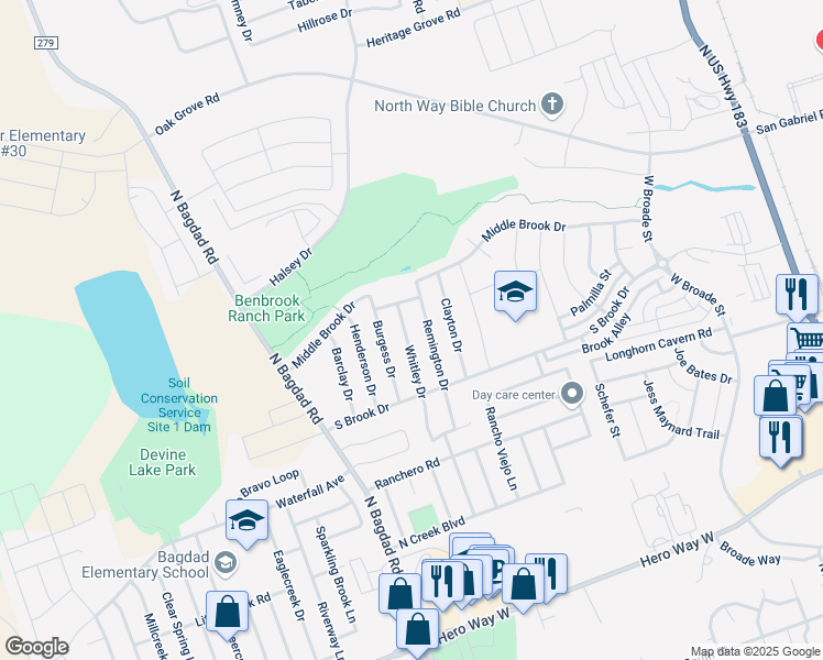 map of restaurants, bars, coffee shops, grocery stores, and more near 1108 Whitley Drive in Leander