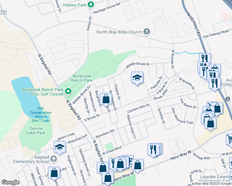 map of restaurants, bars, coffee shops, grocery stores, and more near 1105 Clayton Drive in Leander