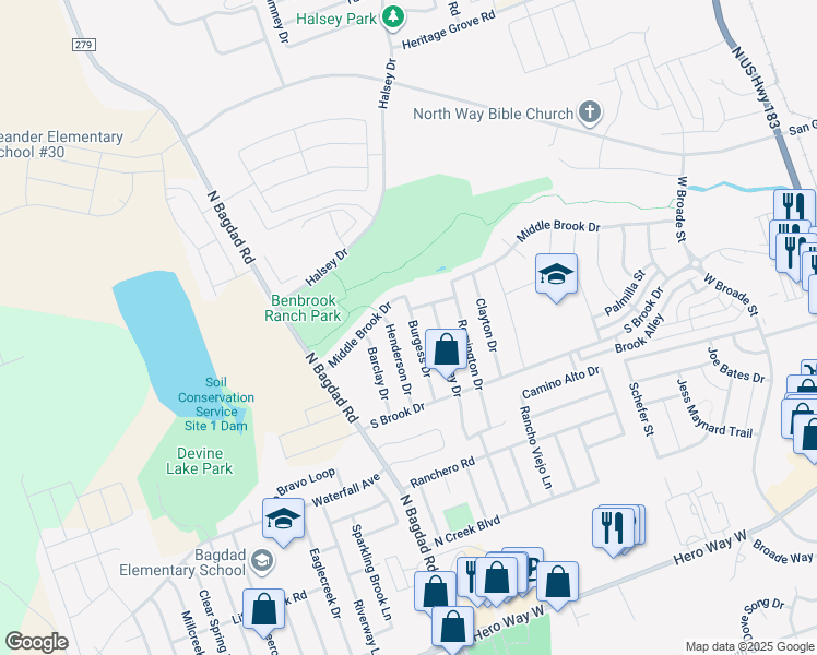 map of restaurants, bars, coffee shops, grocery stores, and more near 1104 Burgess Drive in Leander