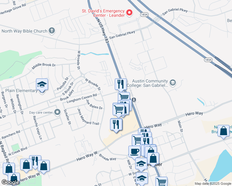 map of restaurants, bars, coffee shops, grocery stores, and more near 4670 U.S. 183 in Leander