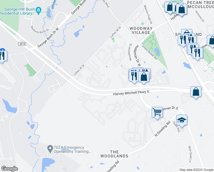map of restaurants, bars, coffee shops, grocery stores, and more near 1338 Canyon Creek Circle in College Station