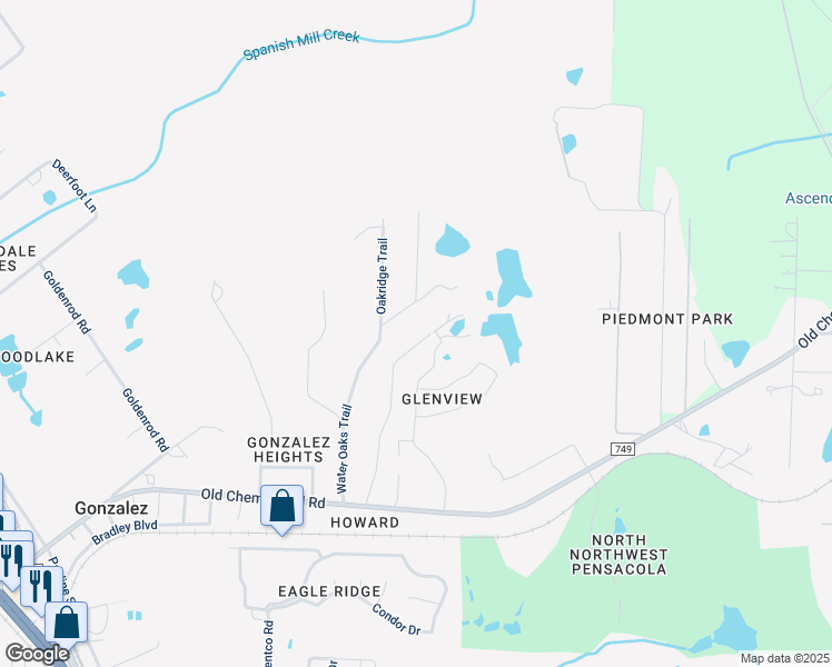 map of restaurants, bars, coffee shops, grocery stores, and more near 1041 Lake Drive in Cantonment