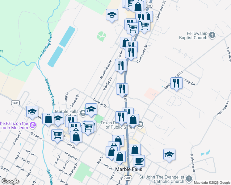 map of restaurants, bars, coffee shops, grocery stores, and more near 1414 Bluebonnet Drive in Marble Falls