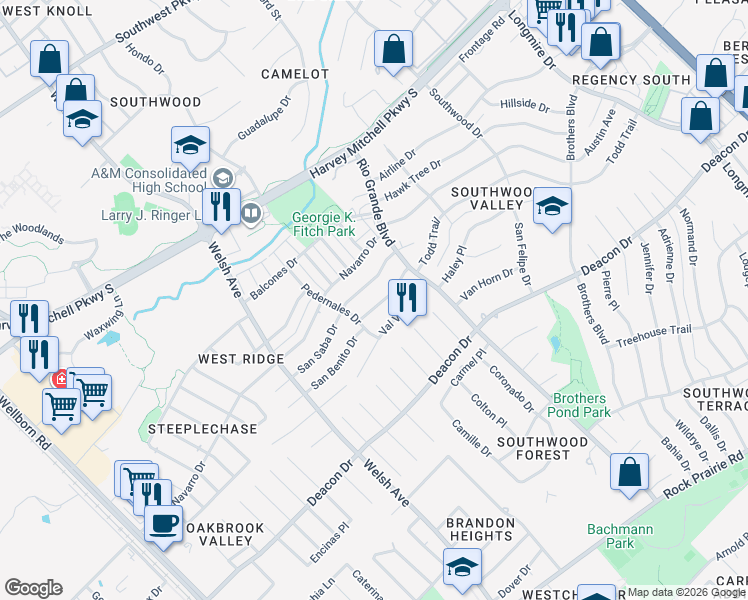 map of restaurants, bars, coffee shops, grocery stores, and more near 1002 San Saba Drive in College Station