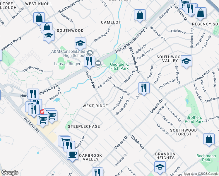 map of restaurants, bars, coffee shops, grocery stores, and more near 807 San Pedro Drive in College Station