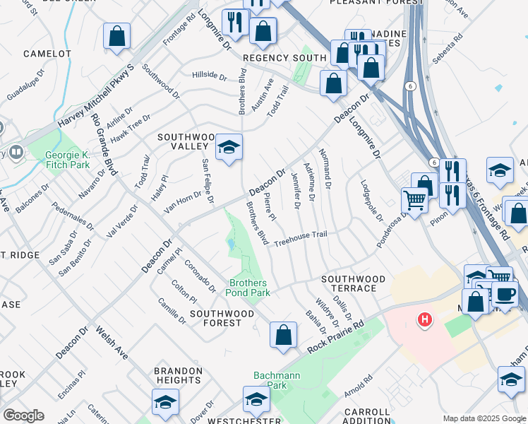 map of restaurants, bars, coffee shops, grocery stores, and more near 2803 Brothers Boulevard in College Station