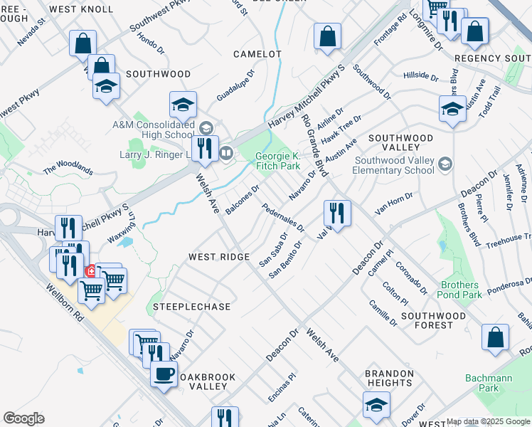 map of restaurants, bars, coffee shops, grocery stores, and more near 2409 Pedernales Drive in College Station