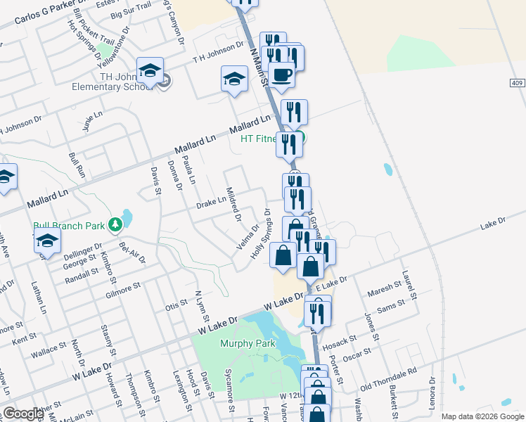 map of restaurants, bars, coffee shops, grocery stores, and more near 302 Pin Tail Lane in Taylor