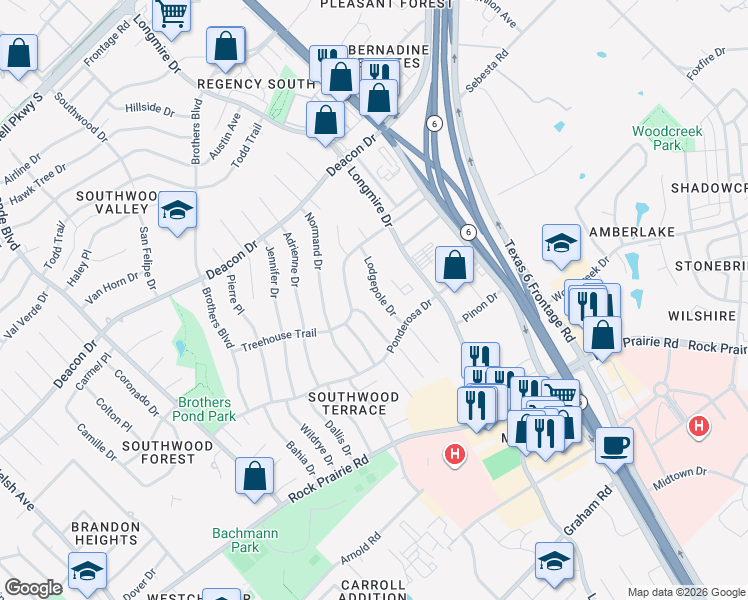 map of restaurants, bars, coffee shops, grocery stores, and more near 3007 Lodgepole Drive in College Station