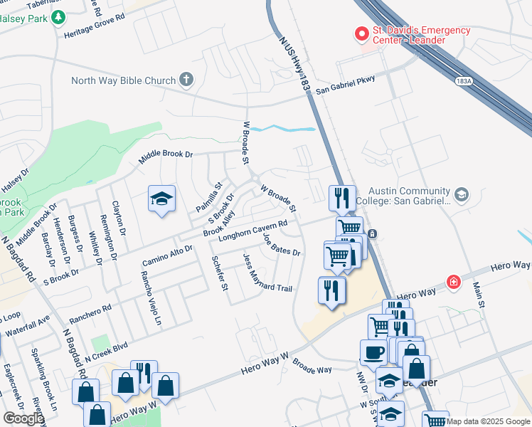 map of restaurants, bars, coffee shops, grocery stores, and more near 329 Canadian Springs Drive in Leander
