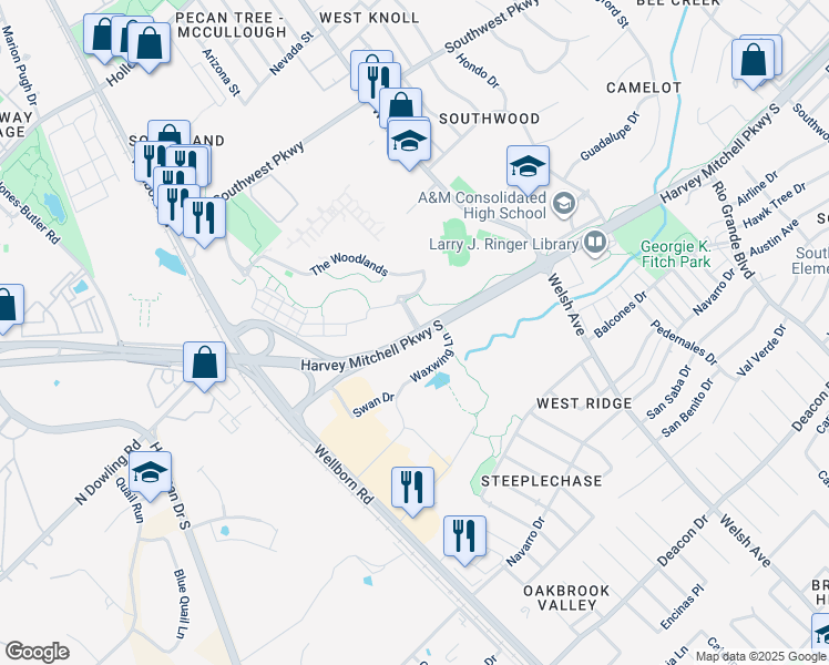 map of restaurants, bars, coffee shops, grocery stores, and more near 1711 Harvey Mitchell Parkway South in College Station