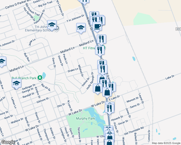 map of restaurants, bars, coffee shops, grocery stores, and more near 302 Pin Tail Lane in Taylor