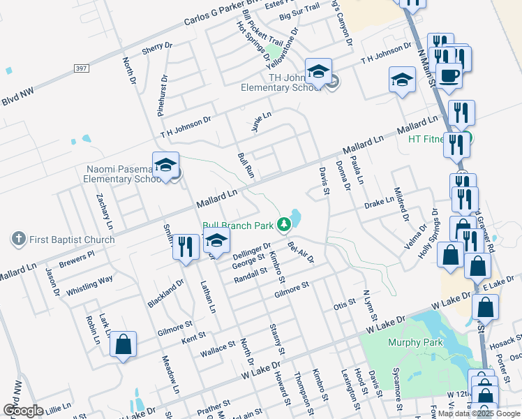 map of restaurants, bars, coffee shops, grocery stores, and more near 2706 Sunny Lane in Taylor
