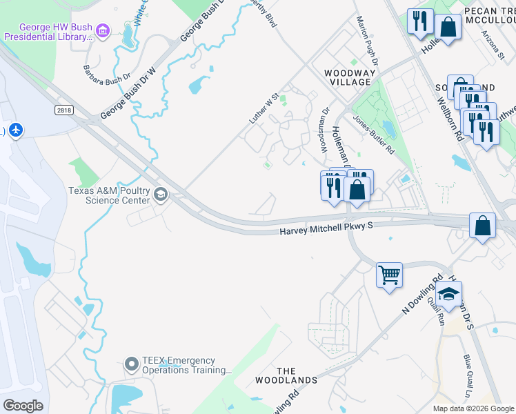 map of restaurants, bars, coffee shops, grocery stores, and more near 1243 Canyon Creek Circle in College Station