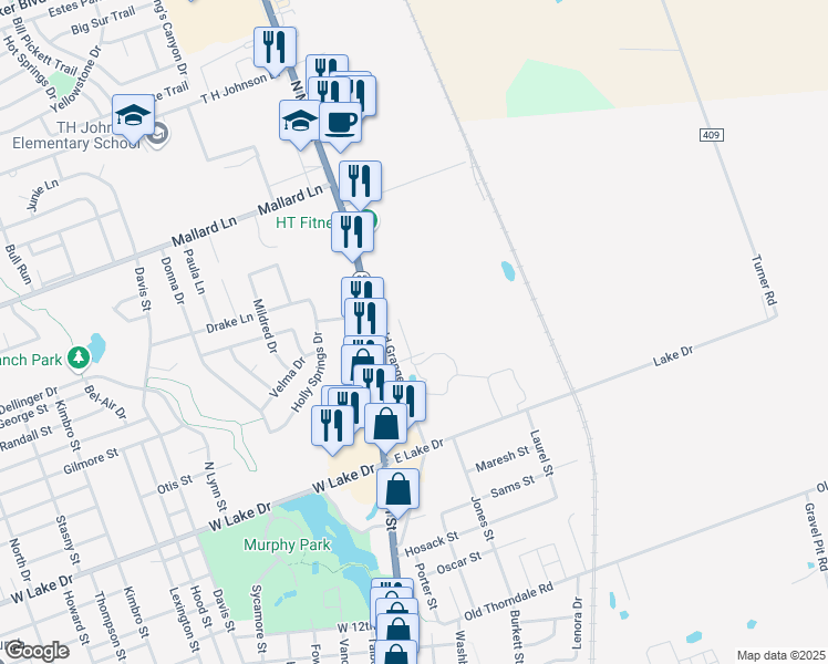 map of restaurants, bars, coffee shops, grocery stores, and more near 301 Grace Lane in Taylor