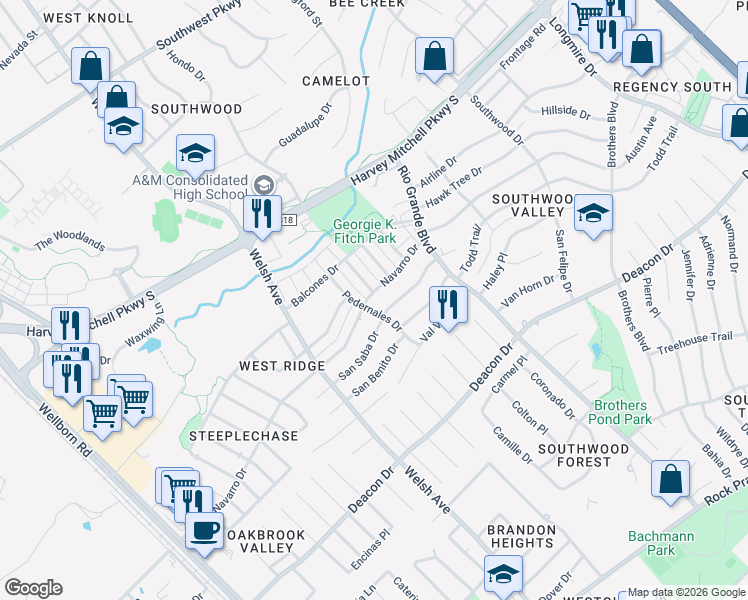 map of restaurants, bars, coffee shops, grocery stores, and more near 916 Navarro Drive in College Station