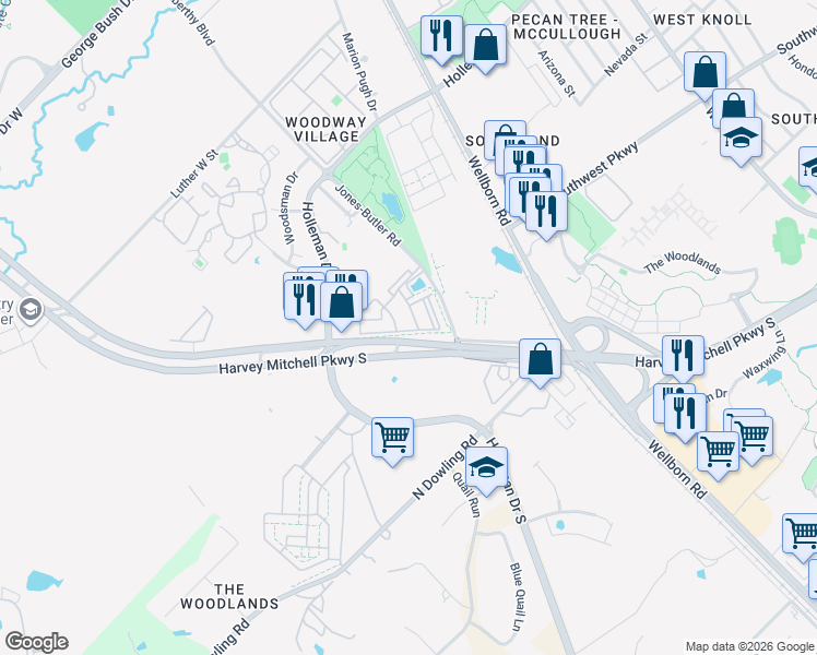 map of restaurants, bars, coffee shops, grocery stores, and more near Jones-Butler Road in College Station