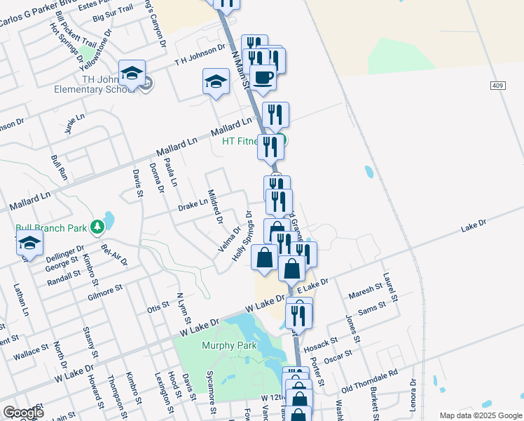 map of restaurants, bars, coffee shops, grocery stores, and more near 219 Dahlberg Boulevard in Taylor