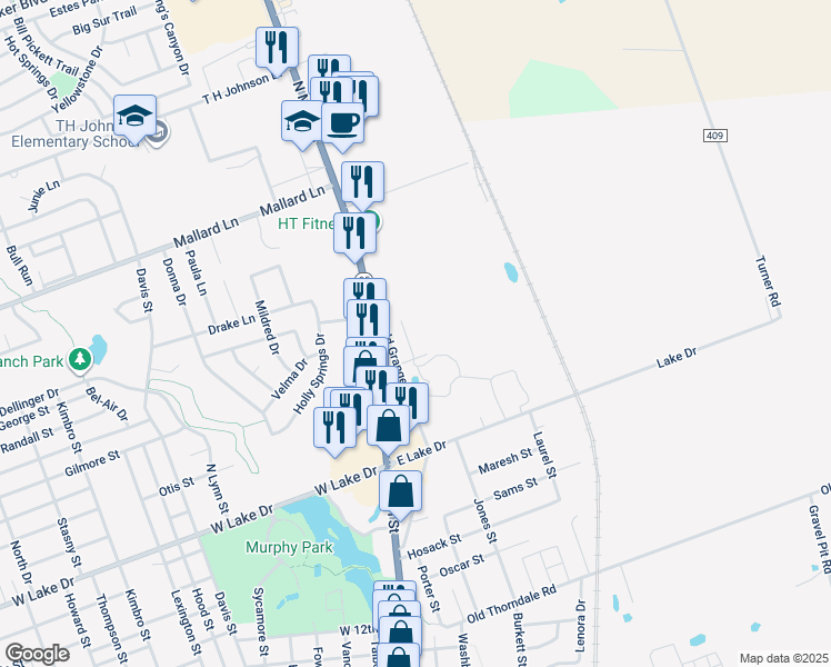 map of restaurants, bars, coffee shops, grocery stores, and more near 301 Grace Lane in Taylor