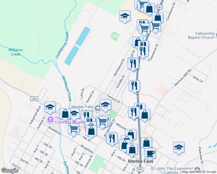 map of restaurants, bars, coffee shops, grocery stores, and more near 1413 Northwood Drive in Marble Falls