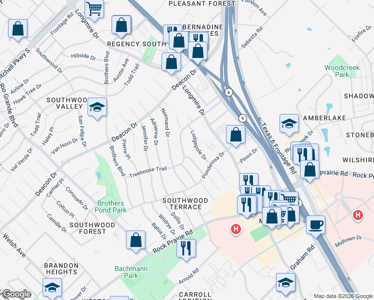 map of restaurants, bars, coffee shops, grocery stores, and more near 1606 Treehouse Trail in College Station