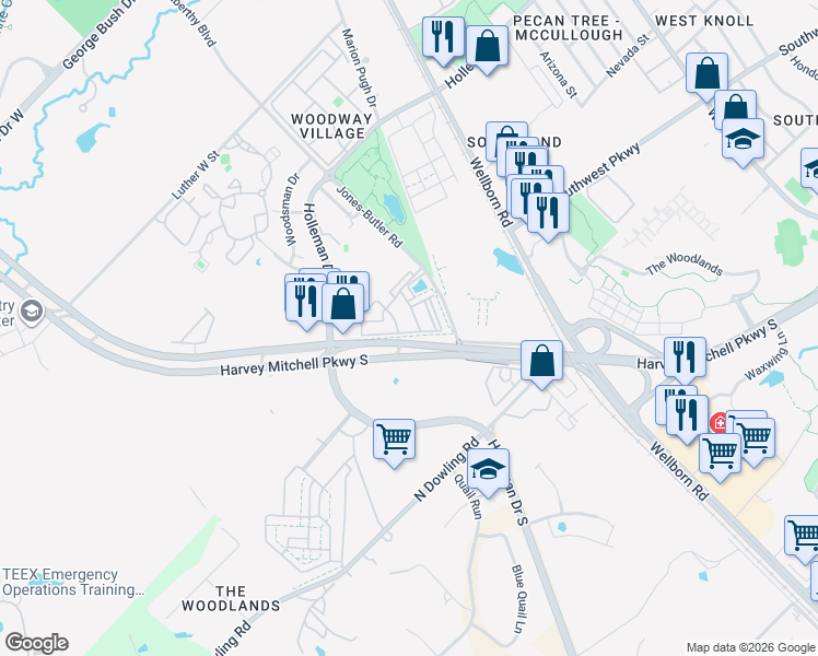 map of restaurants, bars, coffee shops, grocery stores, and more near Jones-Butler Road in College Station